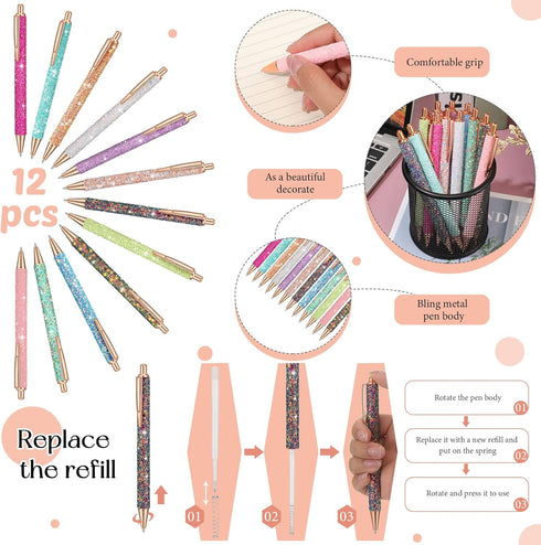 Sabary 12 Pcs Cute Glitter Pens for Nurses, Retractable Fancy Pens with 12 Replacement Refills for Nurse Day