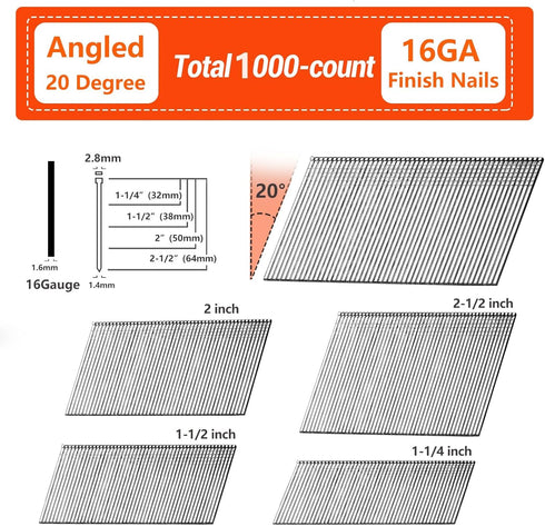 16 Gauge 20-Degree Angled Finish Nails, 2-1/2 inch 1000-Pack Galvanized, for Pneumatic, Electric Angled Finish Nailer
