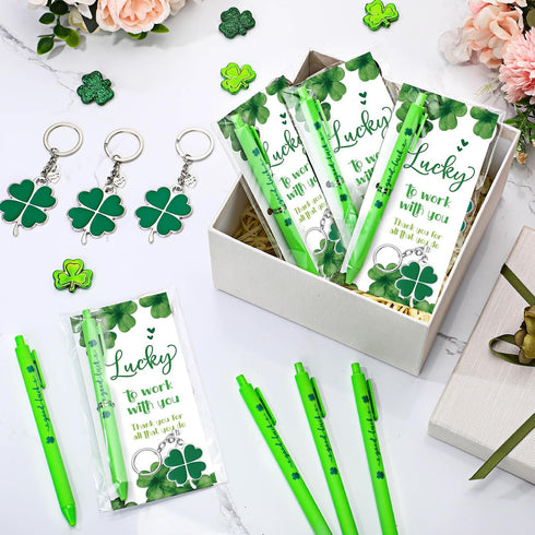 Fullhawl 48 Sets Shamrock Pen Gifts Bulk for Employee Good Luck Ballpoint Pens Clover Keychains with Thank You Cards