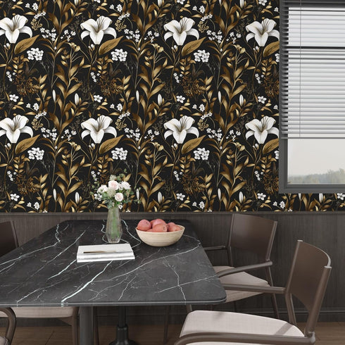 17.5" 393", Laatse Black White Floral Wallpaper Peel and Stick, Dark Gold Vintage Contact Paper x Golden Botanical Wall