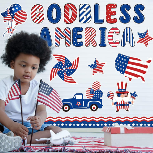 Whaline 95Pcs Patriotic Classroom Bulletin Board Decoration Kit God Bless America Cartoon 4th of July Cutouts for Decor