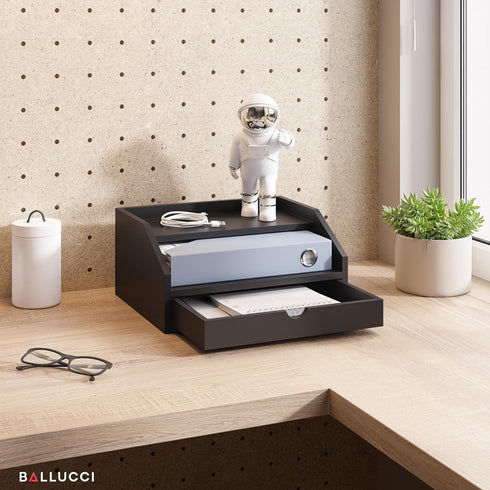 Ballucci Desk Organizer with Drawer, 3 Tier Paper, Office Supplies and File Organizer for Desktop - Black