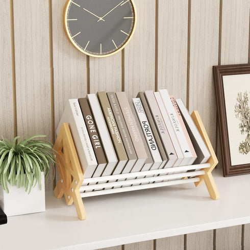Wood Desktop Bookshelf Organizer - Tilting Bookcase for Books/CDs/Magazine Display, Office Tabletop Storage Rack (White)