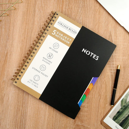 CAGIE 5 Subject College Ruled Notebook, 8.5'' x 11'' Hardcover with 5 Removable Colored Dividers, 240 Pages