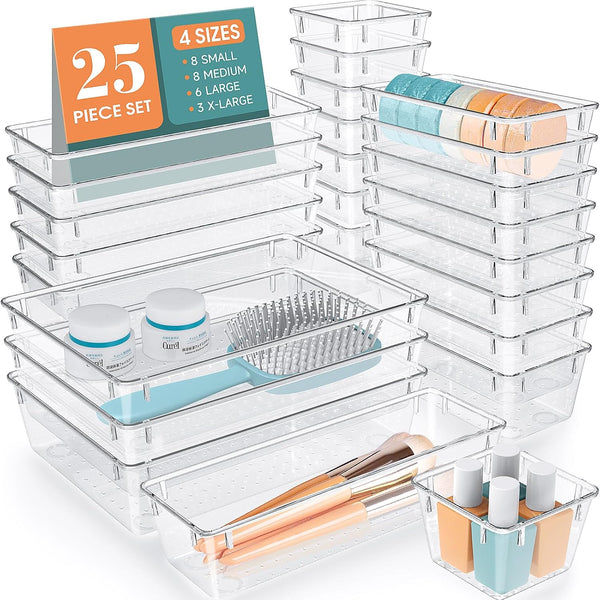 WOWBOX 25 PCS Clear Plastic Drawer Organizer Set, 4 Sizes Desk Drawer Divider Organizers and Storage Bins for Makeup,