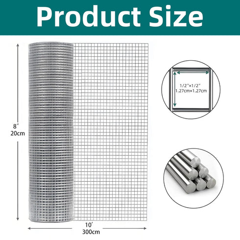RXWJZP 304 1/2 inch 19 (8in10ft) Stainless Steel Hardware Cloth Wire Mesh Roll, Gauge Welded Fence for Garden