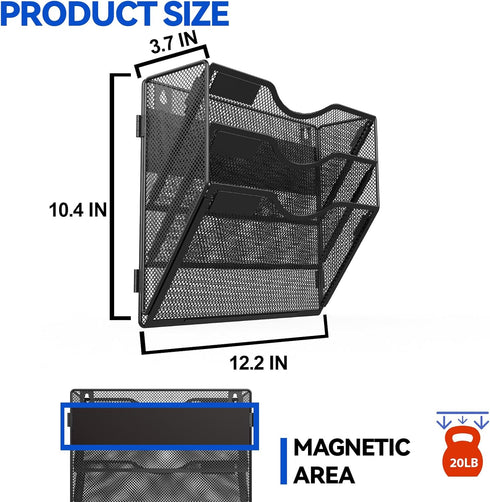 Large Capacity 3 Tier Magnetic File Holder, Black, for File Cabinets, Refrigerator, Office, No Drilling Installation