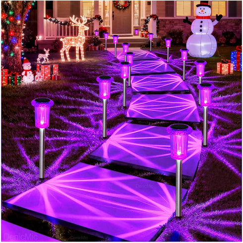 DenicMic 10 Pack Solar Lights Outdoor Waterproof Purple LED Stainless Steel Stake Outside Lights for Yard Pathway