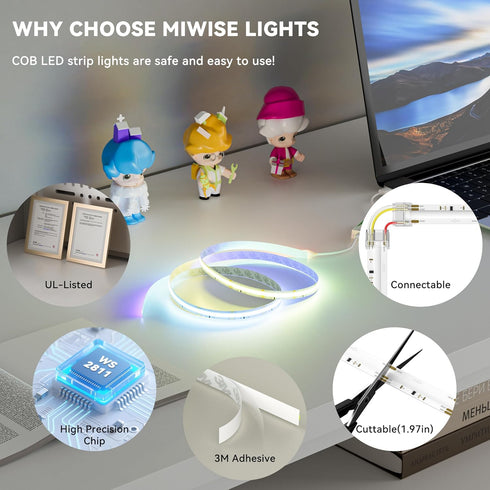 5V Lights,3M 6.56ft MIWISE USB COB LED Strip Lights,RGB Smart IC LED Strip with App Control,Bluetooth Addressable Music