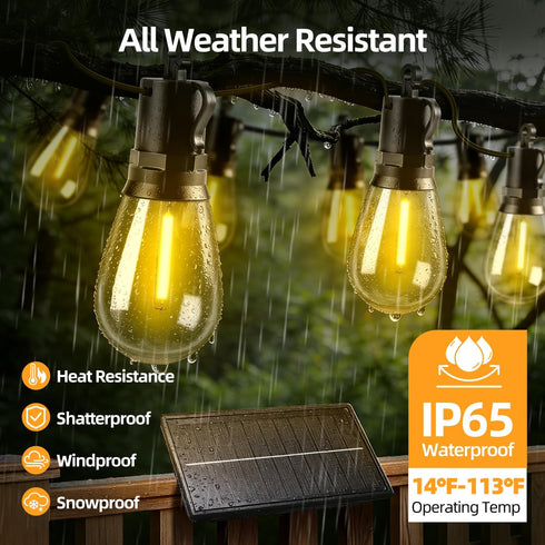 FUANXIEI S14 15M 50FT 3 Dimmable Bulbs Solar Lights Outdoor Patio Lights: Solar Powered Remote Control Light Modes
