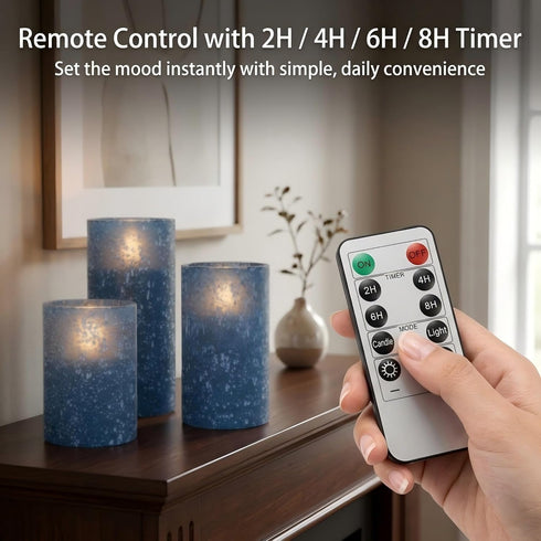 Set 3, Blue Flameless Candles with Remote, Battery Operated Pillar Candles of Flickering Real Wax LED Candles