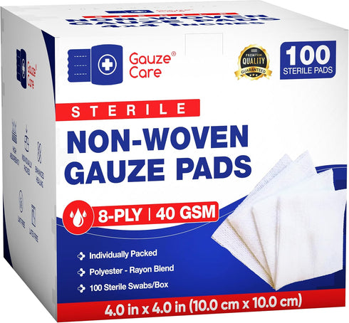 Gauze Care Non-Woven Sterile Gauze Pads 4x4, Pack of 100, 8-Ply, Soft,
