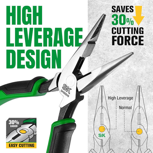 SK 8-Inch Long Nose Pliers, Needle Nose Pliers, Premium CR-V Steel with Ergonomic Non-slip Handle