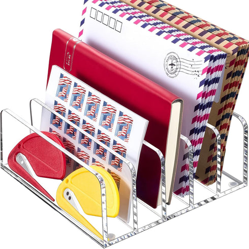 BEYGORM Acrylic Mail Holder, Clear Desk Organizer with Divider, Vertical Letter Sorter for Desktop, 5 Compartments