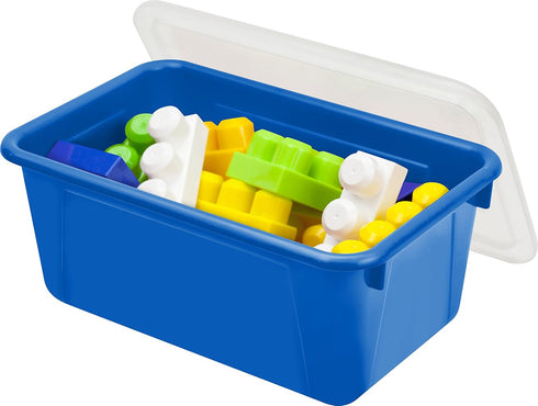 Storex Small Cubby Bins – Plastic Storage Containers for Classroom with Non-Snap Lid, 12.2 x 7.8 x 5.1 inches, Blue,