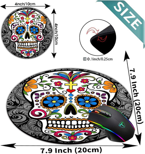 Round Mouse Pad and Coasters Set, Sugar Skull Non-Slip Rubber Mousepad for Gaming and Working