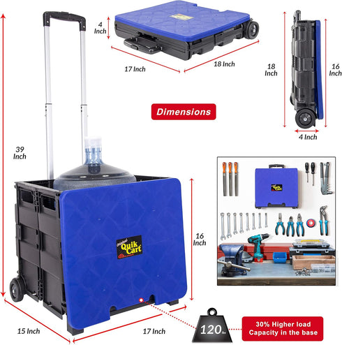 dbest products Quik Cart Collapsible Rolling Crate on Wheels - 80 lbs Capacity, Blue Lid, Heavy Duty