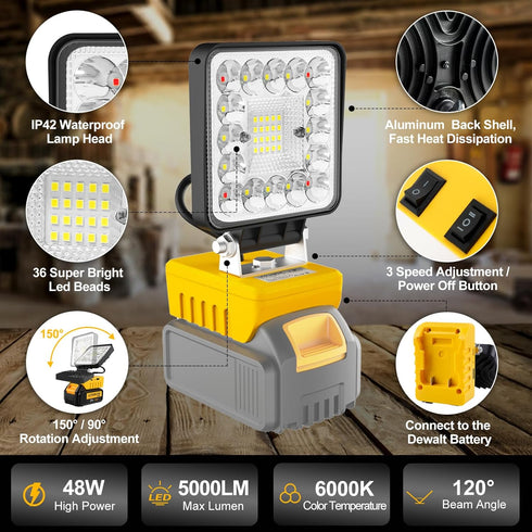 Cordless Work Light for Dewalt 18V 20V Battery, 5000LM Rotatable Underhood Work Light with USB Charging