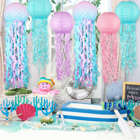 YIOTJUNL 6pcs Blue Pink Purple Hanging Jelly Fish Paper Lanterns, Gradient Colorful Paper Lanterns for Mermaid Theme