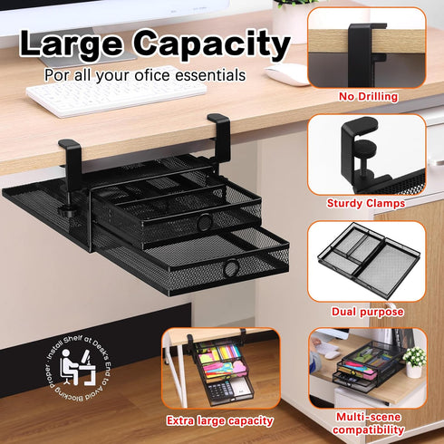 ROSYLINE Under Desk Drawer Organizer, Clamp on 2 Tier Slide Out Drawer, Metal Under Desk Storage for Home and Office