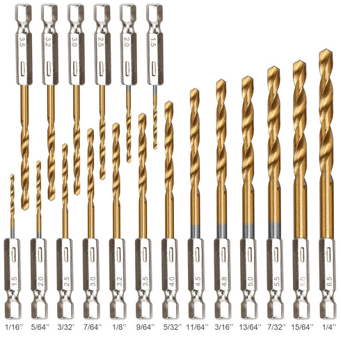 19PCS Premium Hex Drill Bit Set, Titanium Drill Bits Set, High Speed Steel Hex Shank for Wood