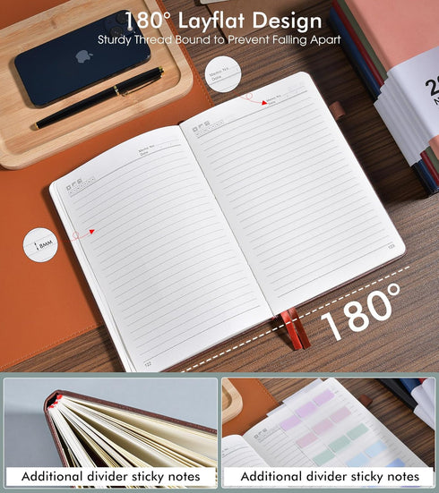 Brown Leather Hardcover Lined Journal Notebook for Men Women, 200 Numbered Pages, A5 Size with Pen