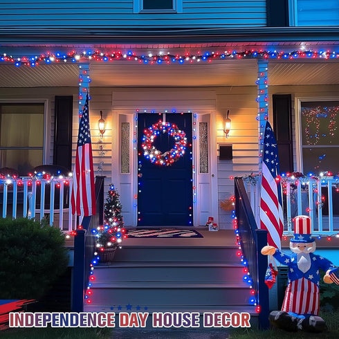 250 4th 91.5ft 8 JMEXSUSS LED Red White and Blue Lights for of July Decorations - Connectable Patriotic Lights Outdoor