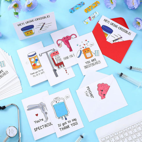 Chiisong 24 Sets Funny Nurse Thank You Cards Nurse Pun Appreciation Cards with Envelopes for Hospital Doctors