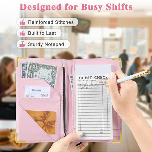 Server Book, Waitress Book with Zipper Pocket, Cute Server Books for Waitress with Pen Holder, Leather Serving Books
