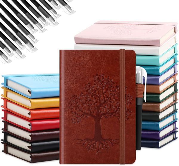 Estune Tree Small Notebooks with Pen, A6 Leather Lined Pocket Notepad, Cute Ruled Journals for School, Business