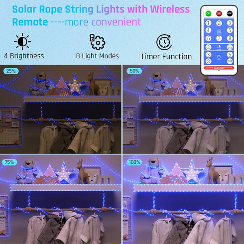 200 72FT 8 KerKoor Solar Rope Lights Outdoor Waterproof LED - LED Solar Rope String Lights, Modes with Remote Flexible