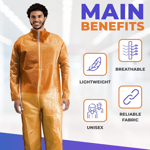 5 Pack, 40 AMZ Medical Supply Disposable Coveralls Medium, Orange, Lightweight GSM PP+PE, Front Zipper, Open Wrists
