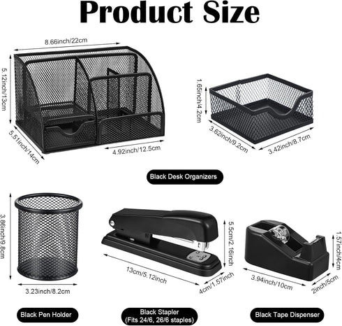 Black Desk Organizer and Accessories Kit, Mesh Desktop Organizer, Stapler, Tape Dispenser, Pen Holder, Ruler, Scissors