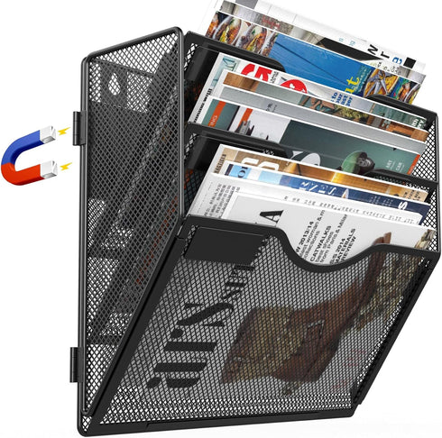 Large Capacity 3 Tier Magnetic File Holder, Black, for File Cabinets, Refrigerator, Office, No Drilling Installation
