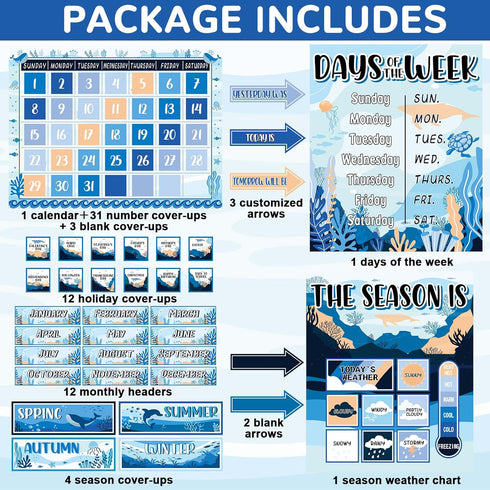 Ocean Sea Calendar Bulletin Board Set for Classroom Decoration Sea Animals Calendar Seasons Weather Chart Ocean Theme Fish CTP Bulletin Board Paper-Cuts for Teachers Elementary School