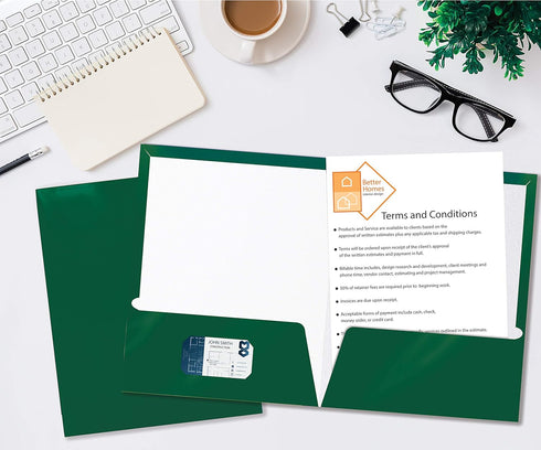 Better Office Products 2 Pocket Glossy Laminated Dark Green Paper Folders, Box of 25, Letter Size