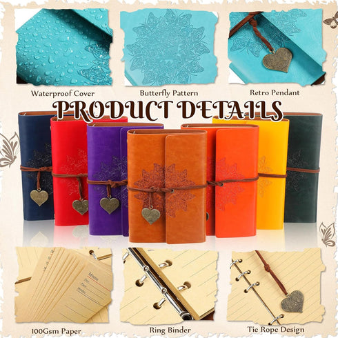 Yeaqee 10 Pack PU Leather Journal Notebook, Refillable Vintage Journal, 6 Ring Binder Diary with Lined Pages, A6 7" x 5"