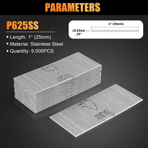 P625SS Headless Pin Nails, 23 Gauge 1'' (25mm) Leg Length, 9,000 PCS/BOX for Pneumatic Pin Nailer