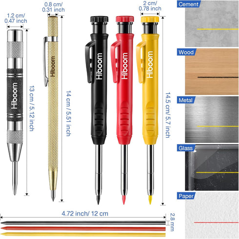 Hiboom 8 Pack Carpenter Pencil Set, 3 Colorful Solid Pencils with Sharpener and Refills