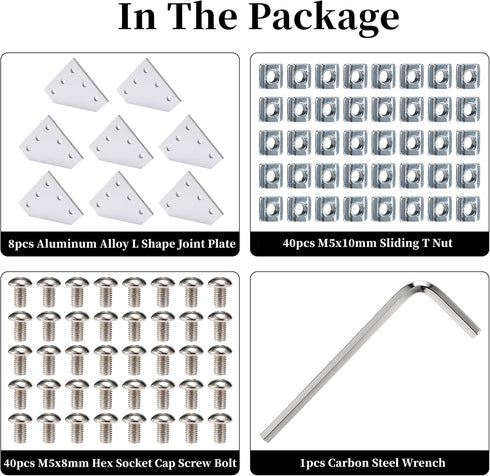 8 Sets 2020 Aluminum Extrusion Connector, Surface L Shape Joint Plate, Silver Accessories for 6mm Slot with T Nuts