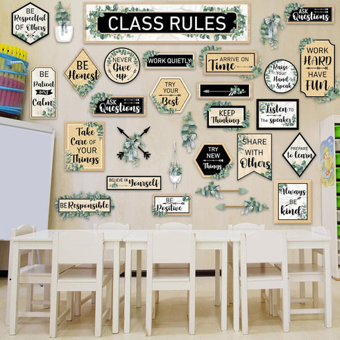 Class Rules Bulletin Board Decorations, Eucalyptus Motivational Cutouts for Classroom