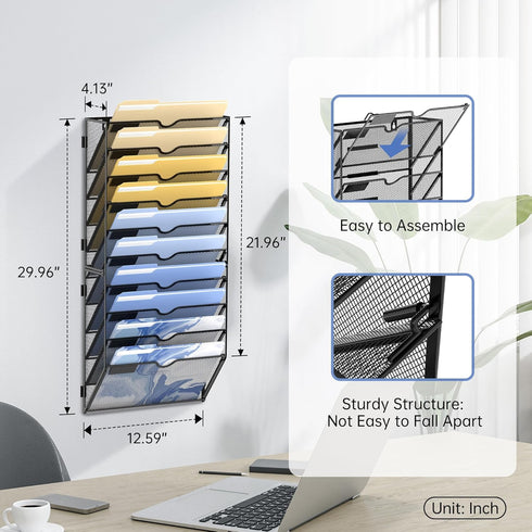 DALTACK Wall File Organizer, 10 Tier Hanging File Organizer for Papers, Folders, Clipboard, Office Cubicle Storage,