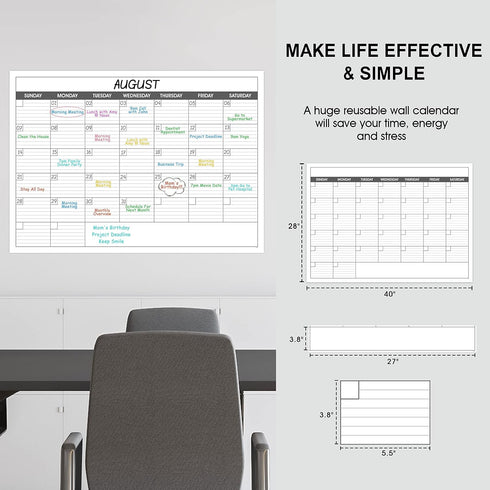 Large Undated Dry Erase Calendar for Wall - 1 Month, 40" x 30", Reusable Laminated with 8 Round Stickers