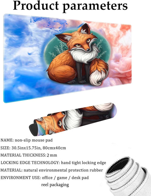 Watercolor Fox Customized Large Extended Gaming Mouse Pad, Non-Slip Rubber Base, 31.5x15.7 Inches