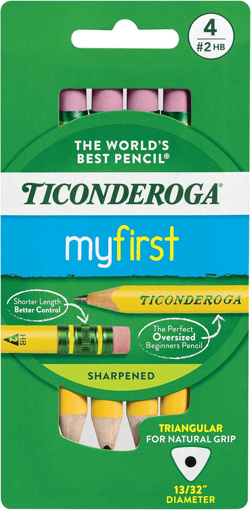 Ticonderoga My First Short Triangular Wood-Cased Pencils, 2 HB Soft with Erasers, Yellow, 4 Count