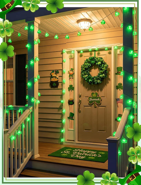 8.5Ft 10 Shamrock String Lights, St. Patrick's Day Decoration Lights with Green Lucky Grass, Plug-in Lucky Clover