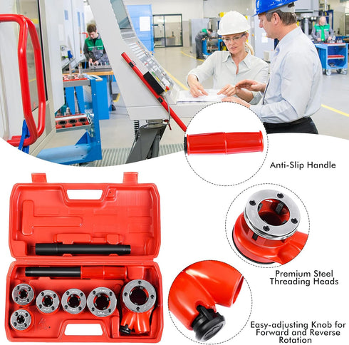 Set 6 1/4", 3/8", 1/2", 3/4", 1", 1-1/4" Goplus Ratchet Pipe Threader Kit, Ratcheting Pipe Threading Tool w/ Dies