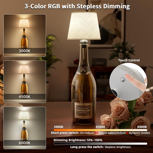 Dimmable Wireless Wine Bottle Lamp Shade: Liquor Bottle Stopper Light With Remote Control Cordless Portable