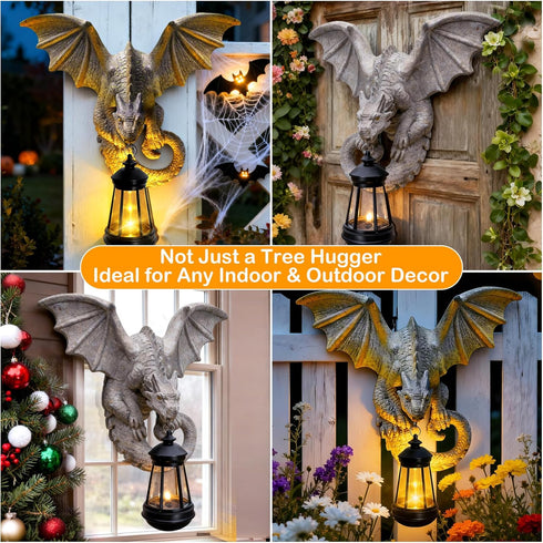 Dragon Tree Hugger Garden Statue - Resin Dragon Figurine Wall Hanger Sculptures Decor with Solar Lantern Lights