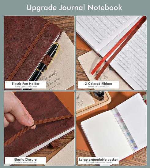 Brown Leather Hardcover Lined Journal Notebook for Men Women, 200 Numbered Pages, A5 Size with Pen